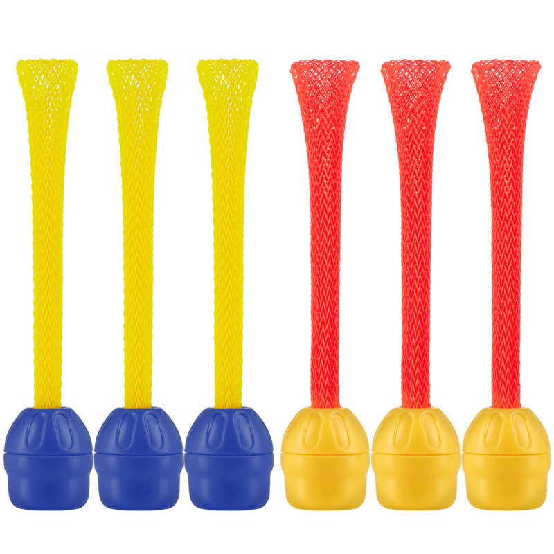Six colorful foam dart refills with yellow and red mesh tubes and blue/yellow bases