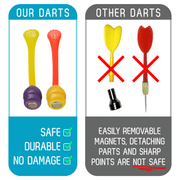 Safety comparison infographic showing safe Doinkit dart refills versus unsafe traditional darts