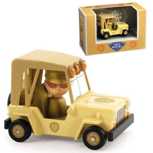 A toy jeep figure with a driver, shown alongside its retail packaging box. The jeep is light tan with black wheels and orange light accents, and the box features the 'Crazy Motors' brand logo.