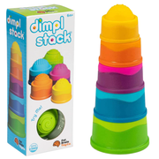 Dimpl Stack silicone baby toy from Fat Brain. Colorful stackable cups with packaging labeled on a white background.