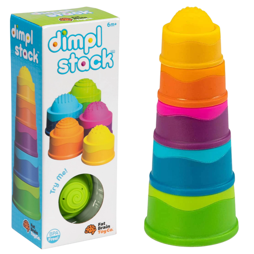 Dimpl Stack silicone baby toy from Fat Brain. Colorful stackable cups with packaging labeled on a white background.