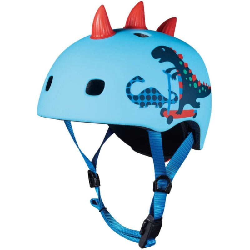 Blue Micro Kickboard 3D Scootersaurus helmet with red spikes and dinosaur graphics