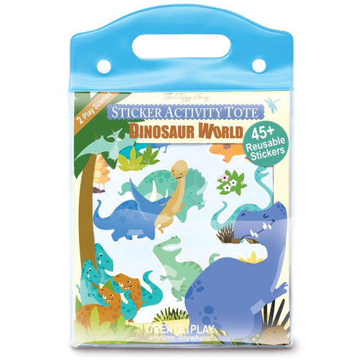 Sticker activity tote with dinosaur designs on a white background
