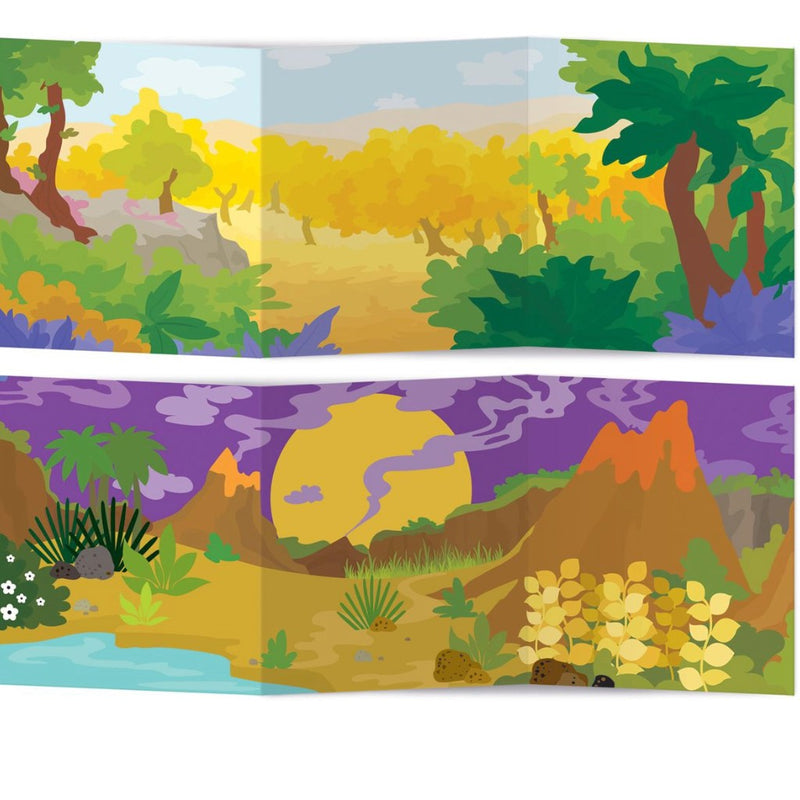 Colorful landscape illustration with trees, mountains, and a sun.