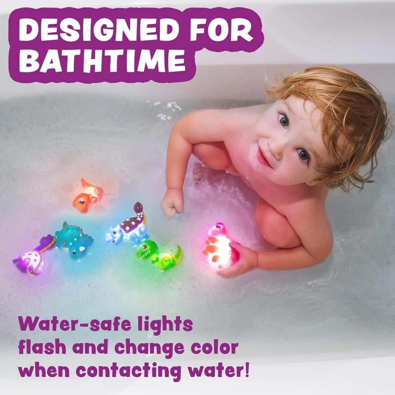 Child in a bathtub with colorful water-safe dinosaur lights text indicating bathtime use.