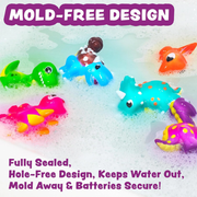 Floating dinosaur bath toys.  Picture notes that they are fully sealed, hole-free and keep mold away.