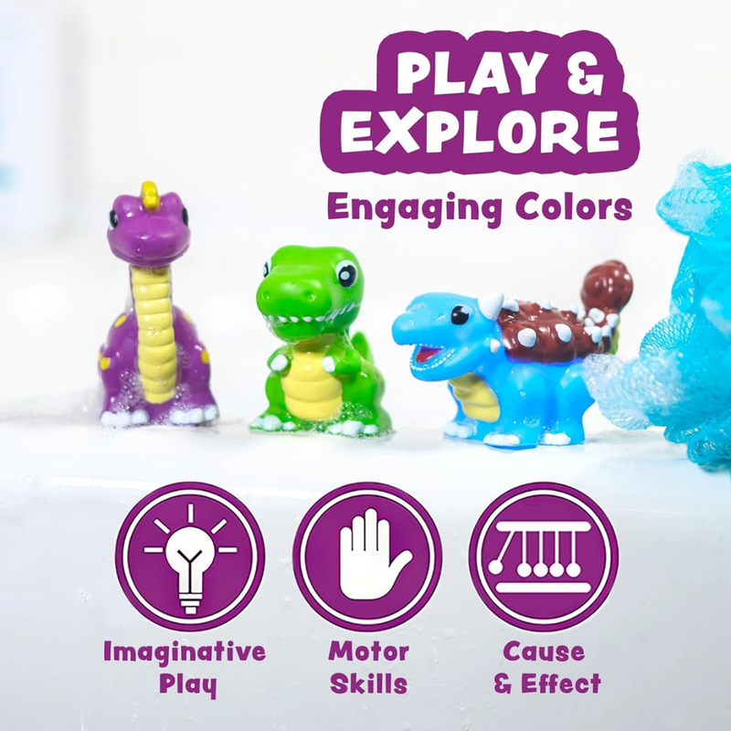 Toy dinosaurs with colorful bodies and a purple banner above them displaying 'Play & Explore'.