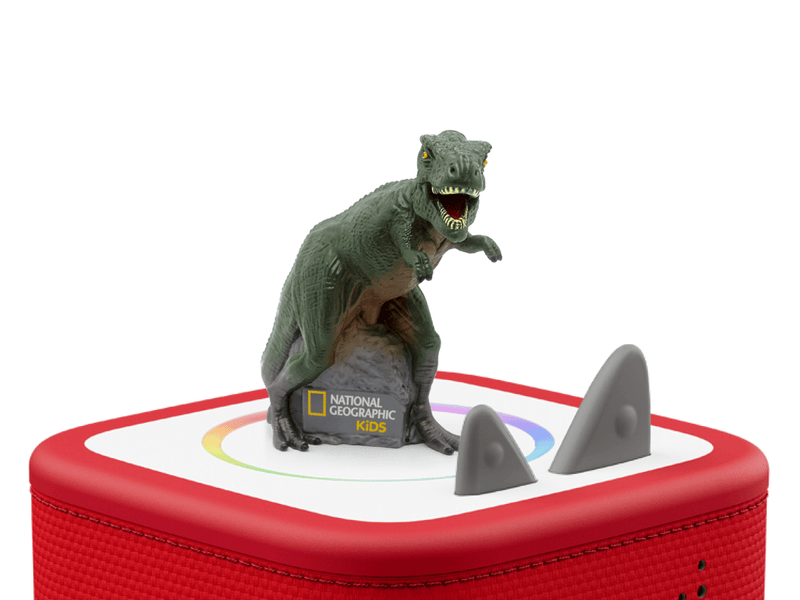 National Geographic Dinosaur Tonie figure on red Toniebox speaker with white background