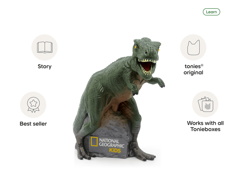 National Geographic Kids dinosaur Tonie figurine on white background with feature icons