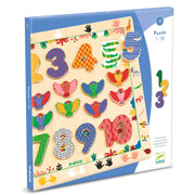 A boxed children's wooden number and bird puzzle set by Djeco, shown at a slight angle on a plain white background. The packaging features a colorful illustration of numbered pieces and bird shapes, with the Djeco brand visible on the box.