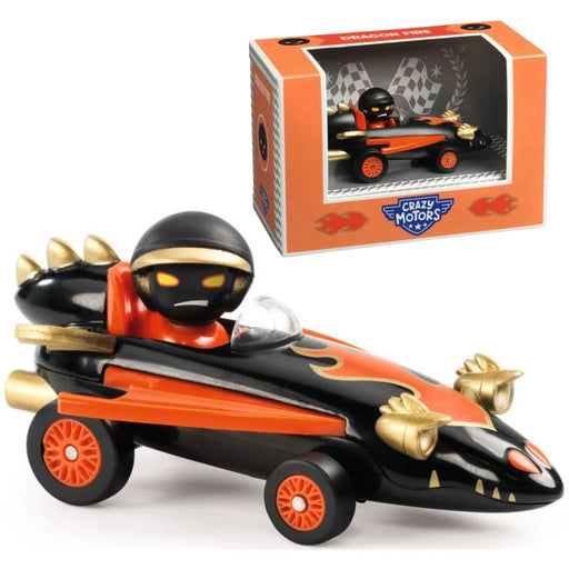 A toy dragon-themed race car with a ninja driver figure, shown alongside its orange retail box. The toy car is primarily black with orange flame decals, gold accents on the hood and bumpers, and orange wheels.