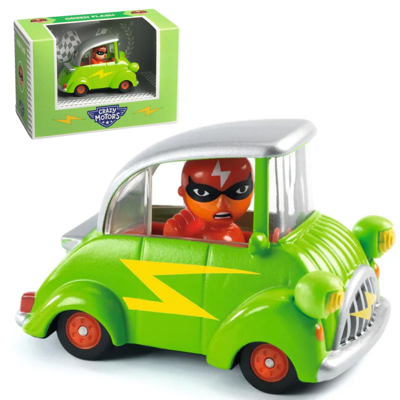 The Green Flash toy car with a yellow lightning bolt design and a superhero driver figure inside, shown alongside its retail box on a white background.