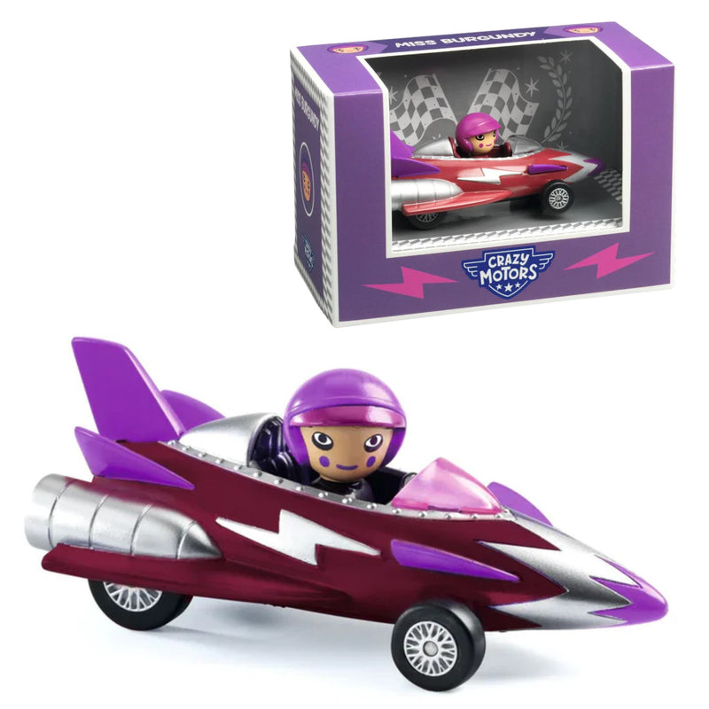 A toy race car with a purple and silver body, a small driver figure wearing a purple helmet, shown both outside its packaging and inside the box. The packaging is purple with a clear window and the Crazy Motors logo.