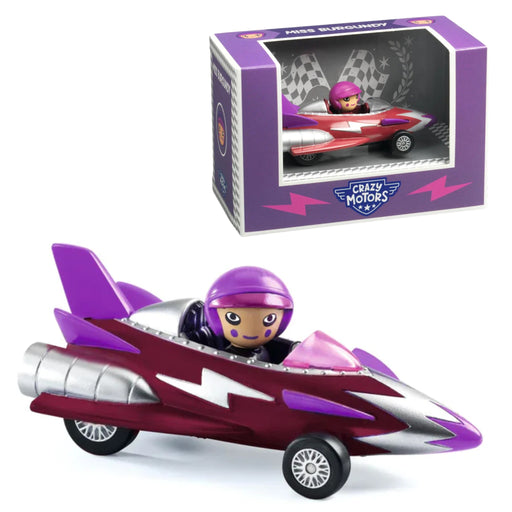 A toy race car with a purple and silver body, a small driver figure wearing a purple helmet, shown both outside its packaging and inside the box. The packaging is purple with a clear window and the Crazy Motors logo.