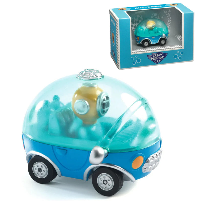 A blue and teal toy car with a transparent dome roof and a gold submarine-like figure inside, shown alongside its retail box labeled 'Ocean Mates'.