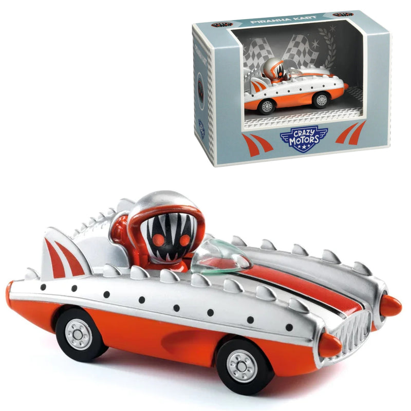 A toy model car in a retro flying car design, shown alongside its retail packaging box. The car is primarily silver and orange with black wheels and a red driver helmet.