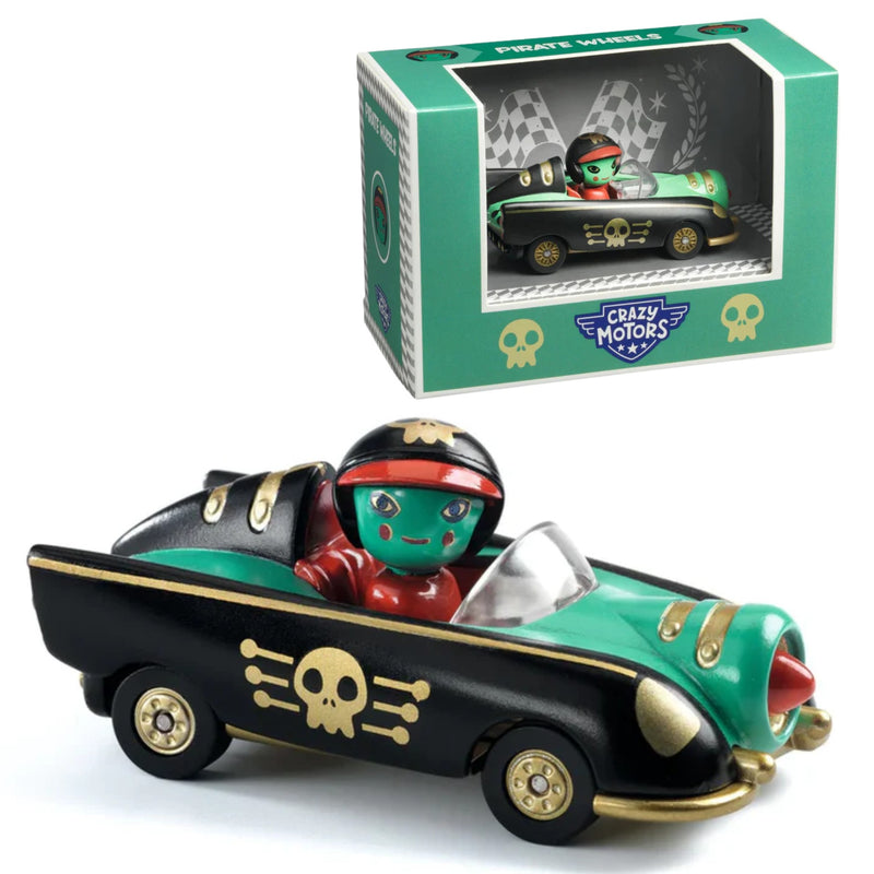 A toy convertible car with a green and black body, gold trim, and a skull-and-crossbones graphic on the side, shown with its retail box. The car has a stylized driver figure wearing a red shirt and black helmet.