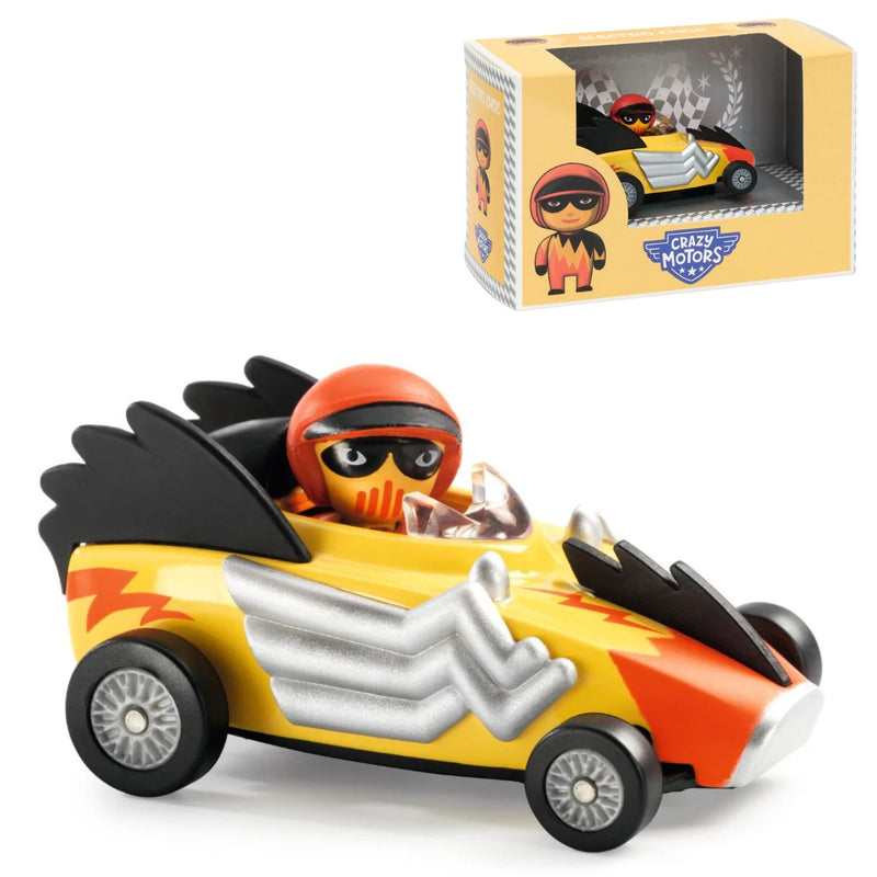 A yellow and orange toy race car with a small superhero driver figure, shown in front of its retail box on a white background.