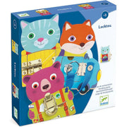 Box of Locktou toy set teaching kids how to unlock and unfasten with colorful animal faces on a blue background