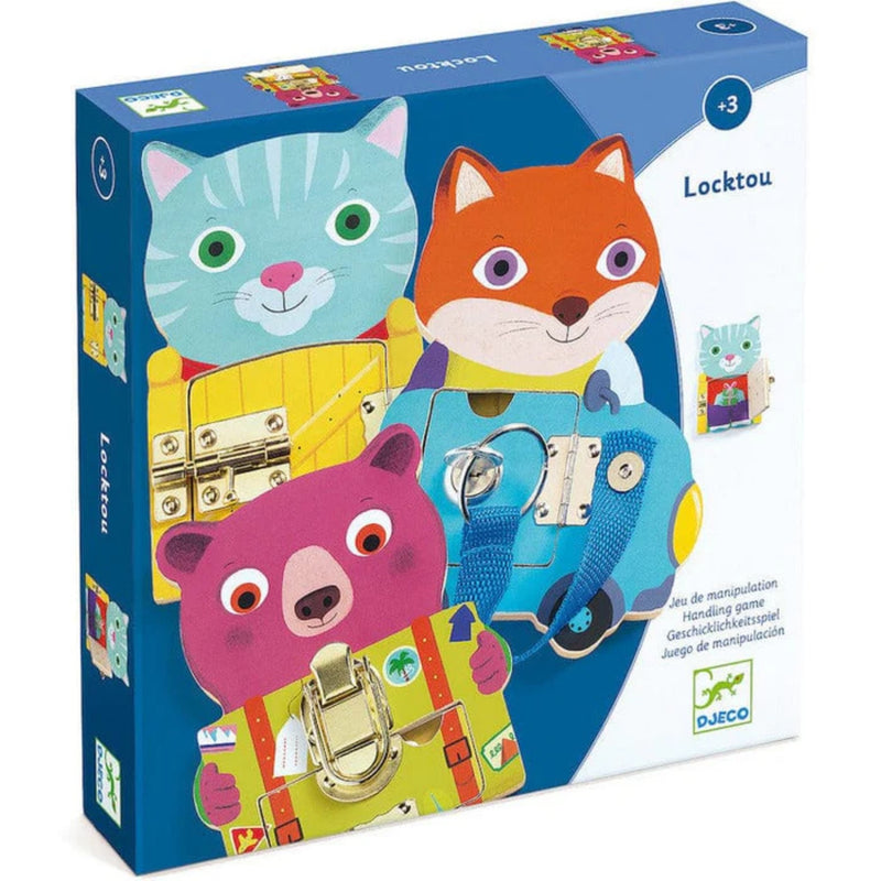 Box of Locktou toy set teaching kids how to unlock and unfasten with colorful animal faces on a blue background