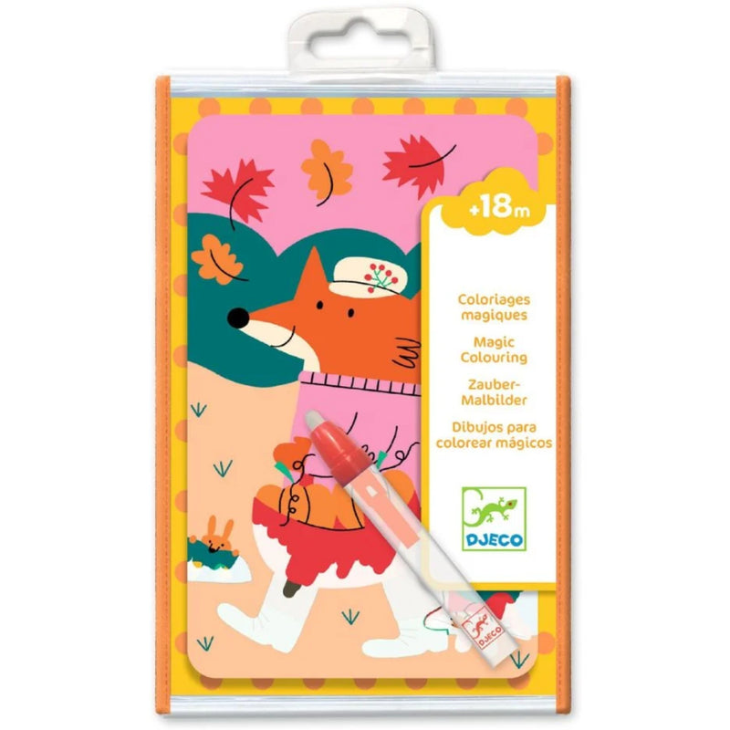 DJECO Magic Colouring +18m drawing kit in its original packaging, featuring a colorful illustration of a fox and a pink/red paintbrush.