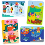 Four colorful children's puzzle cards featuring cartoon animals and seasonal scenes: a bear and family snowboarding outdoors, a crocodile gardening, a fox fishing with a basket, and a whale with a boat in blue water.