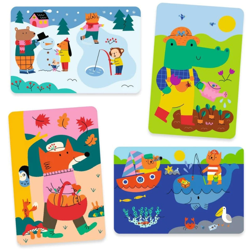 Four colorful children's puzzle cards featuring cartoon animals and seasonal scenes: a bear and family snowboarding outdoors, a crocodile gardening, a fox fishing with a basket, and a whale with a boat in blue water.