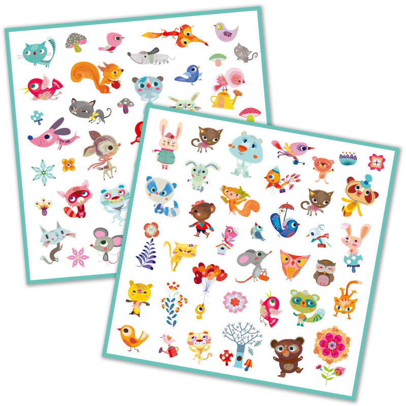 Two sheets of Djeco Little Friends colorful animal sticker sets on white background