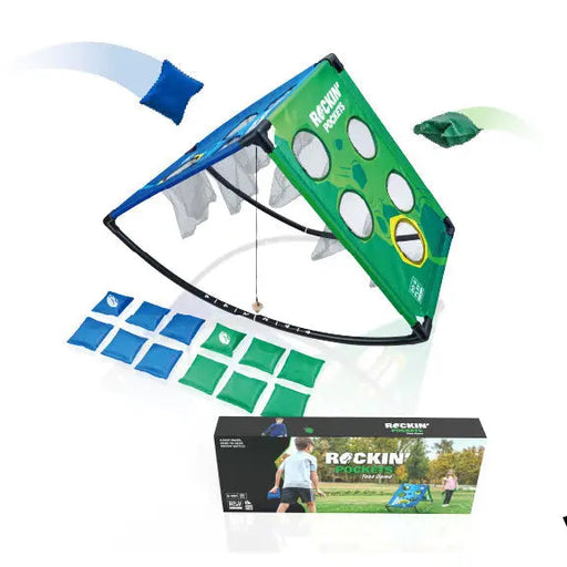 Rockin Pockets outdoor toss game with blue and green targets and bean bags