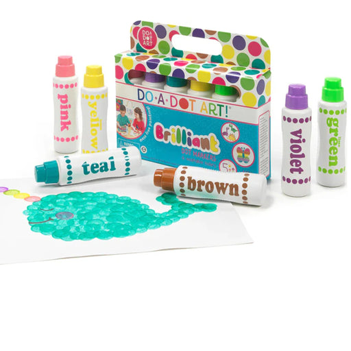 Do-A-Dot Art Brilliant markers set showing colorful dot markers, packaging and product box.