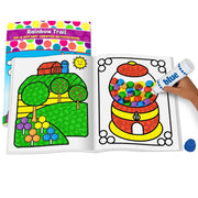 Inside the Do A Dot Art Rainbow Trail creative activity book includes a picture of a farm and gumball machine.