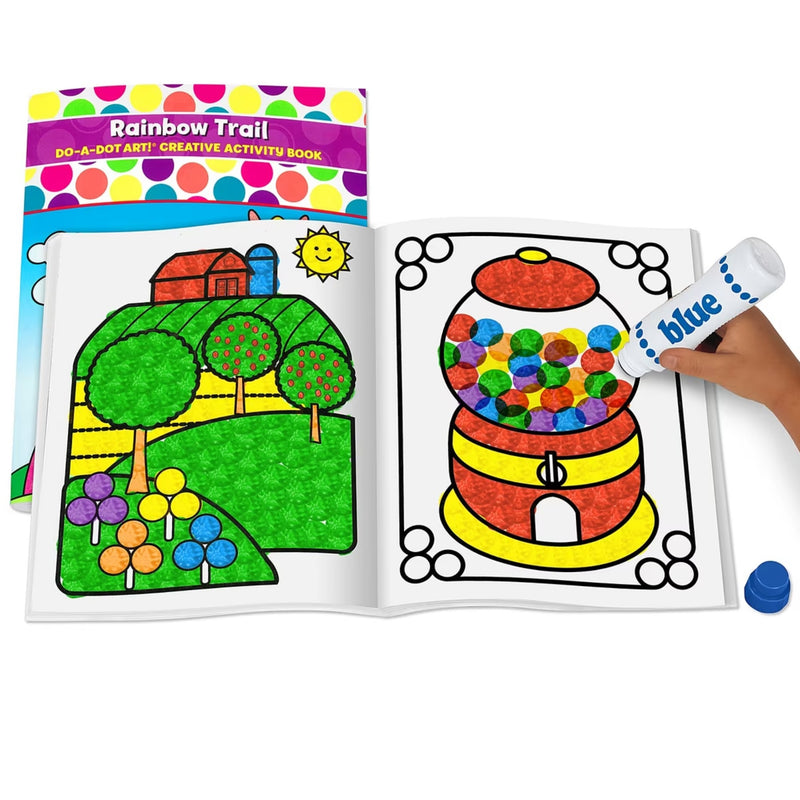 Inside the Do A Dot Art Rainbow Trail creative activity book includes a picture of a farm and gumball machine.