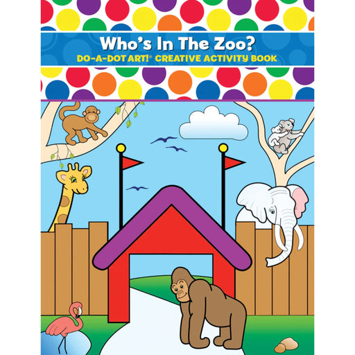 Do A Dot Art zoo animals (elephant, giraffe, monkey, ape, flamingo) coloring activity book with colorful dot border