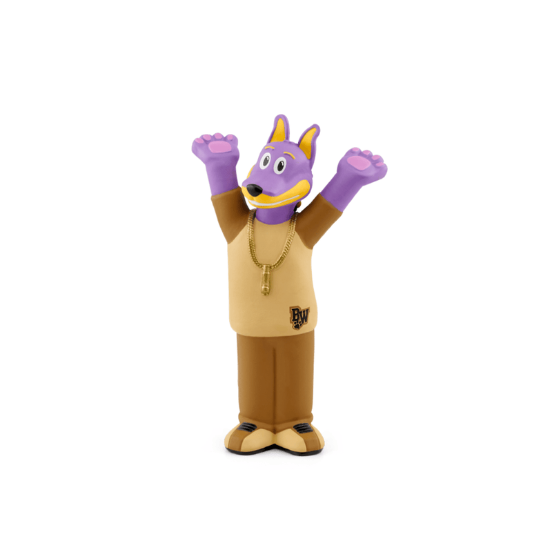 Purple dog character Tonie figurine wearing brown hoodie with gold chain