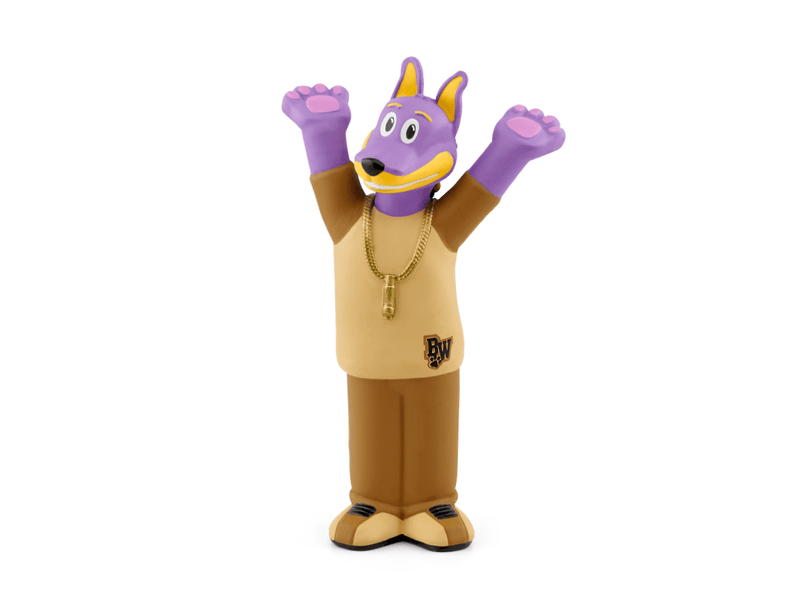 Purple dog character Tonie figure wearing brown outfit with gold chain on white background