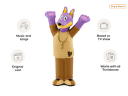Purple dog character Tonie figure with brown outfit and gold chain on white background