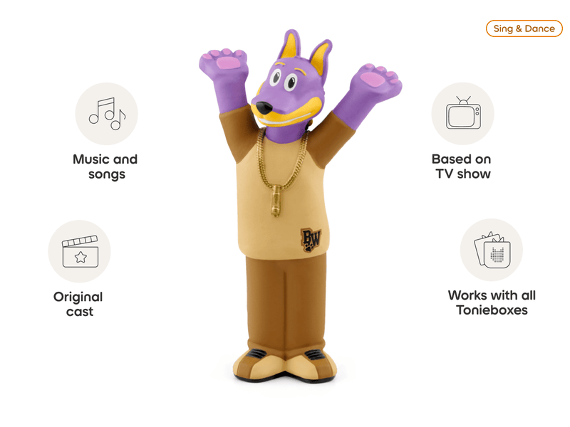 Purple dog character Tonie figure with brown outfit and gold chain on white background