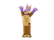 Purple dog character Tonie figure with brown pants and gold chain on green background