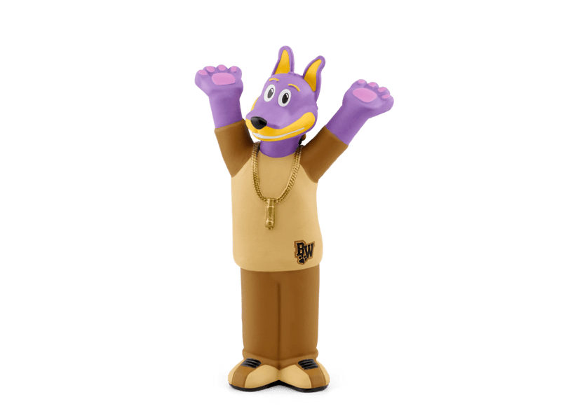 Purple dog character Tonie figure with brown pants and gold chain on green background