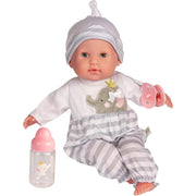 Baby doll with gray and white striped outfit, elephant design, and pink pacifier on a white background