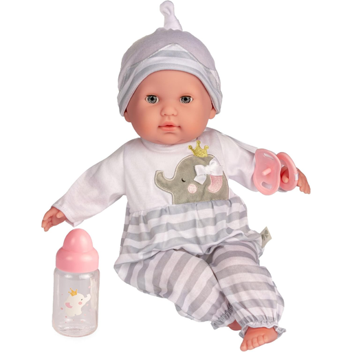 Baby doll with gray and white striped outfit, elephant design, and pink pacifier on a white background