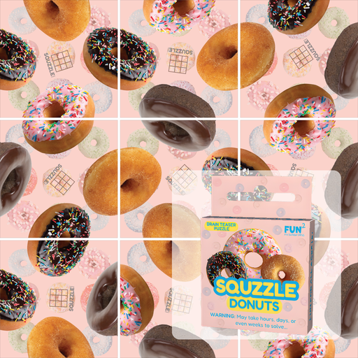 Squzzle Donuts brain teaser puzzle box by Fun Squared Games surrounded by colorful donut imagery