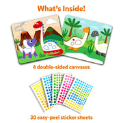 Dot It World of Dinosaurs kit contents showing canvas boards and colorful dot stickers