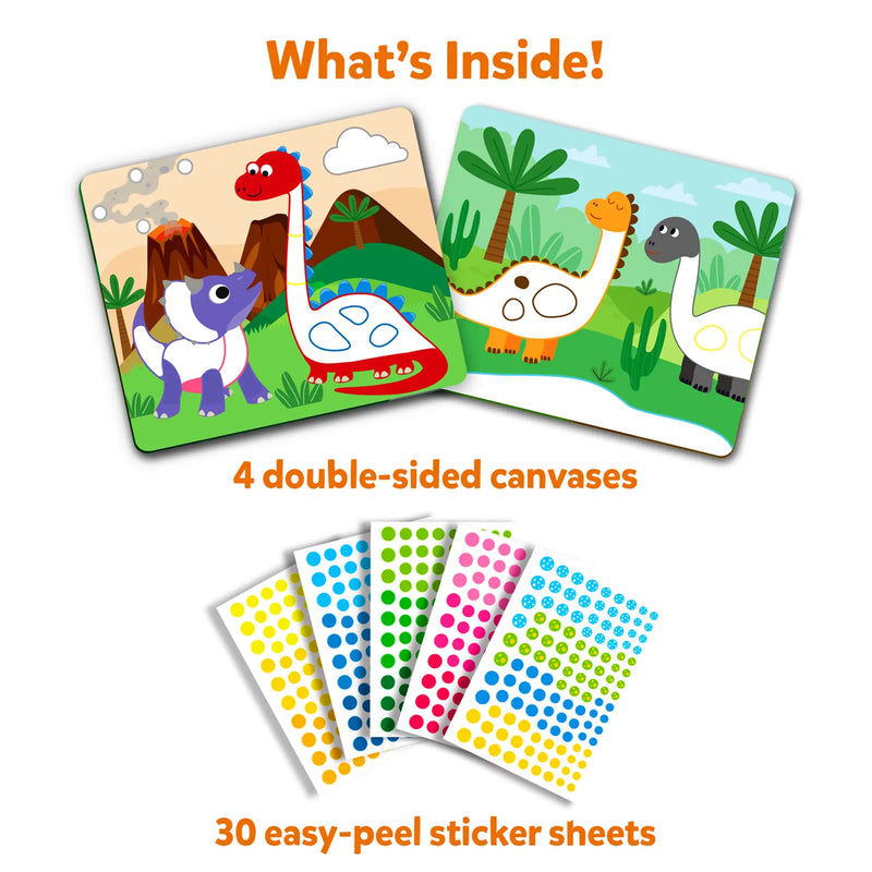 Dot It World of Dinosaurs kit contents showing canvas boards and colorful dot stickers