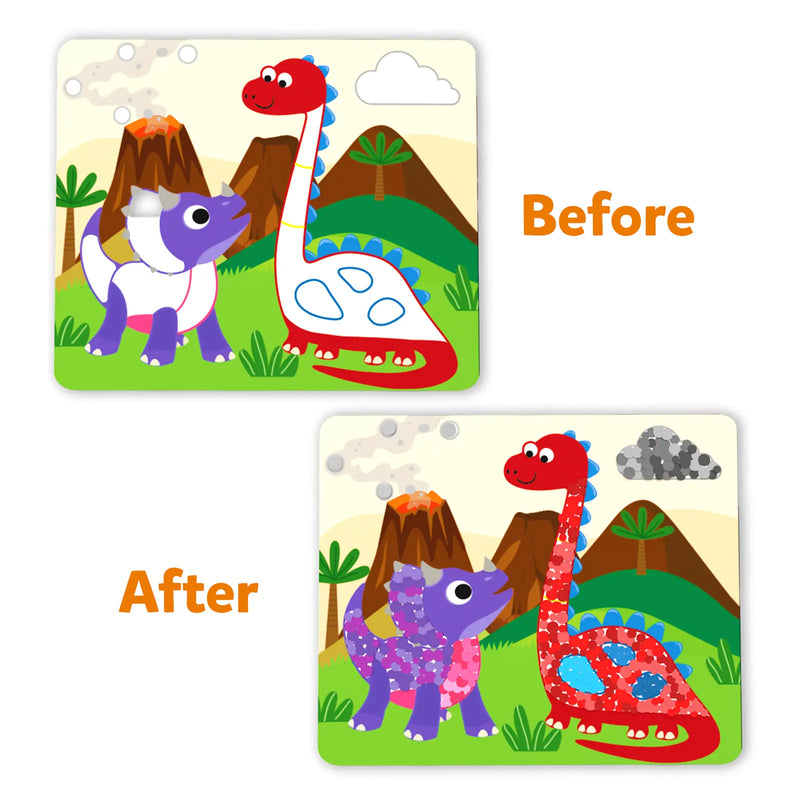 Dot It World of Dinosaurs activity book showing before and after dot painting with colorful dinosaurs