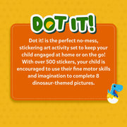 Dot It World of Dinosaurs product description with orange background and cartoon dinosaur