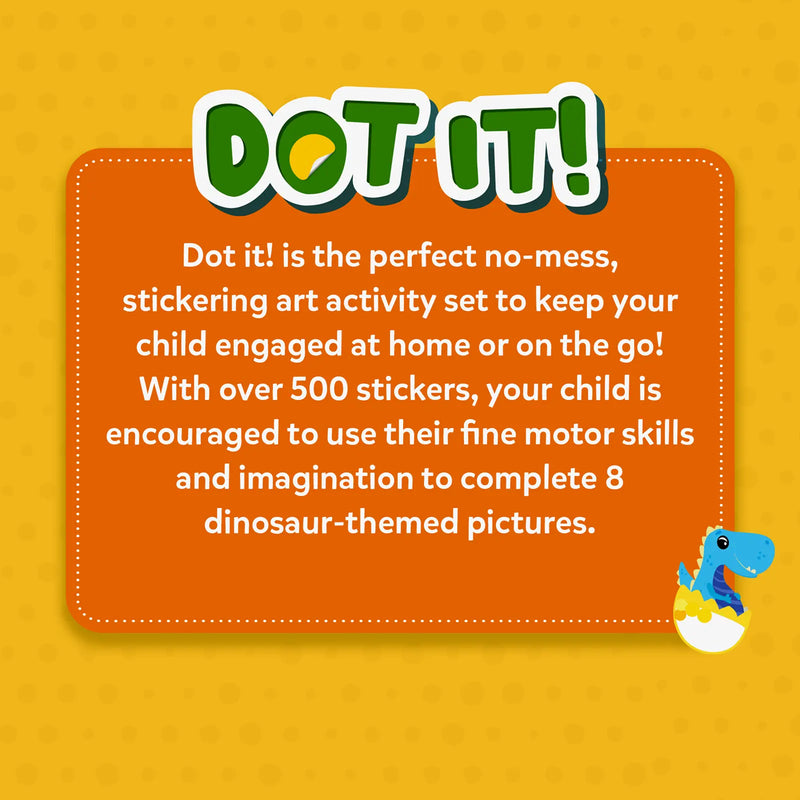 Dot It World of Dinosaurs product description with orange background and cartoon dinosaur