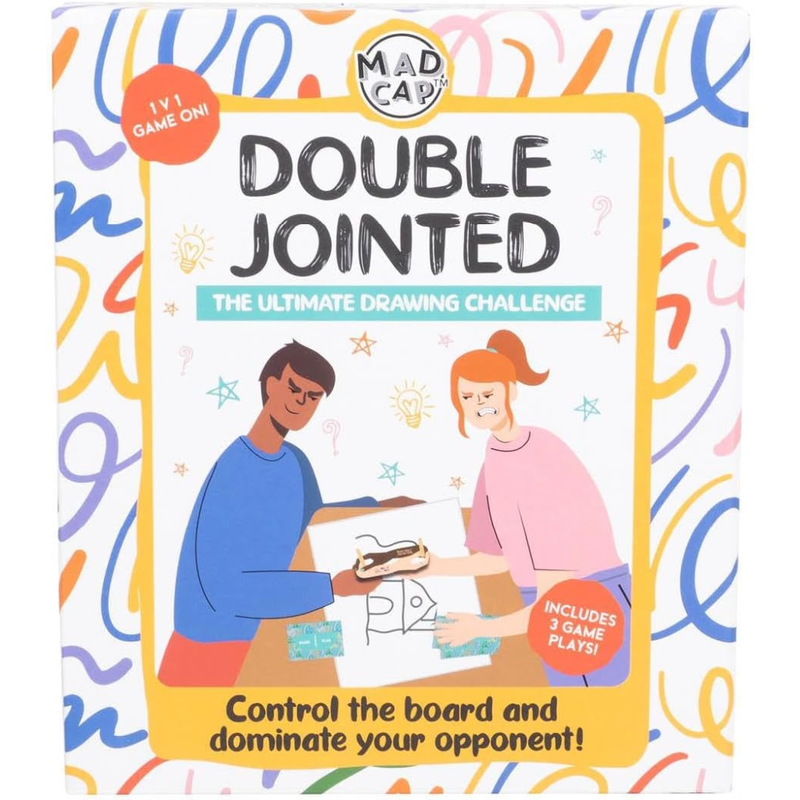 Game box for 'Double Jointed' with two people drawing on a board against a colorful background.