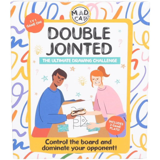 Game box for 'Double Jointed' with two people drawing on a board against a colorful background.