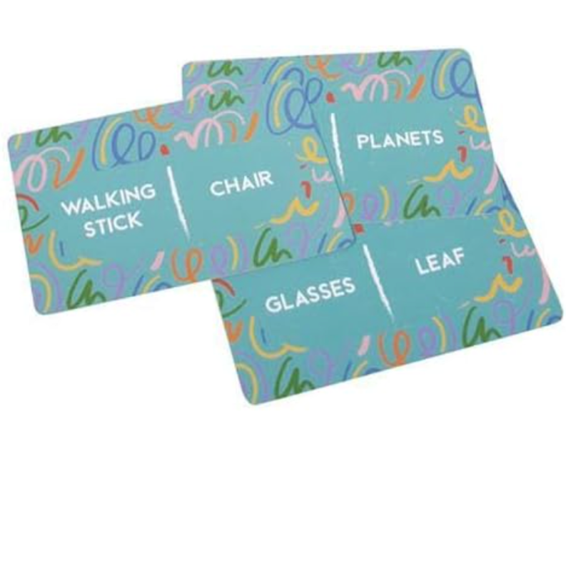 Three colorful cards used for playing the game with text on a white background.